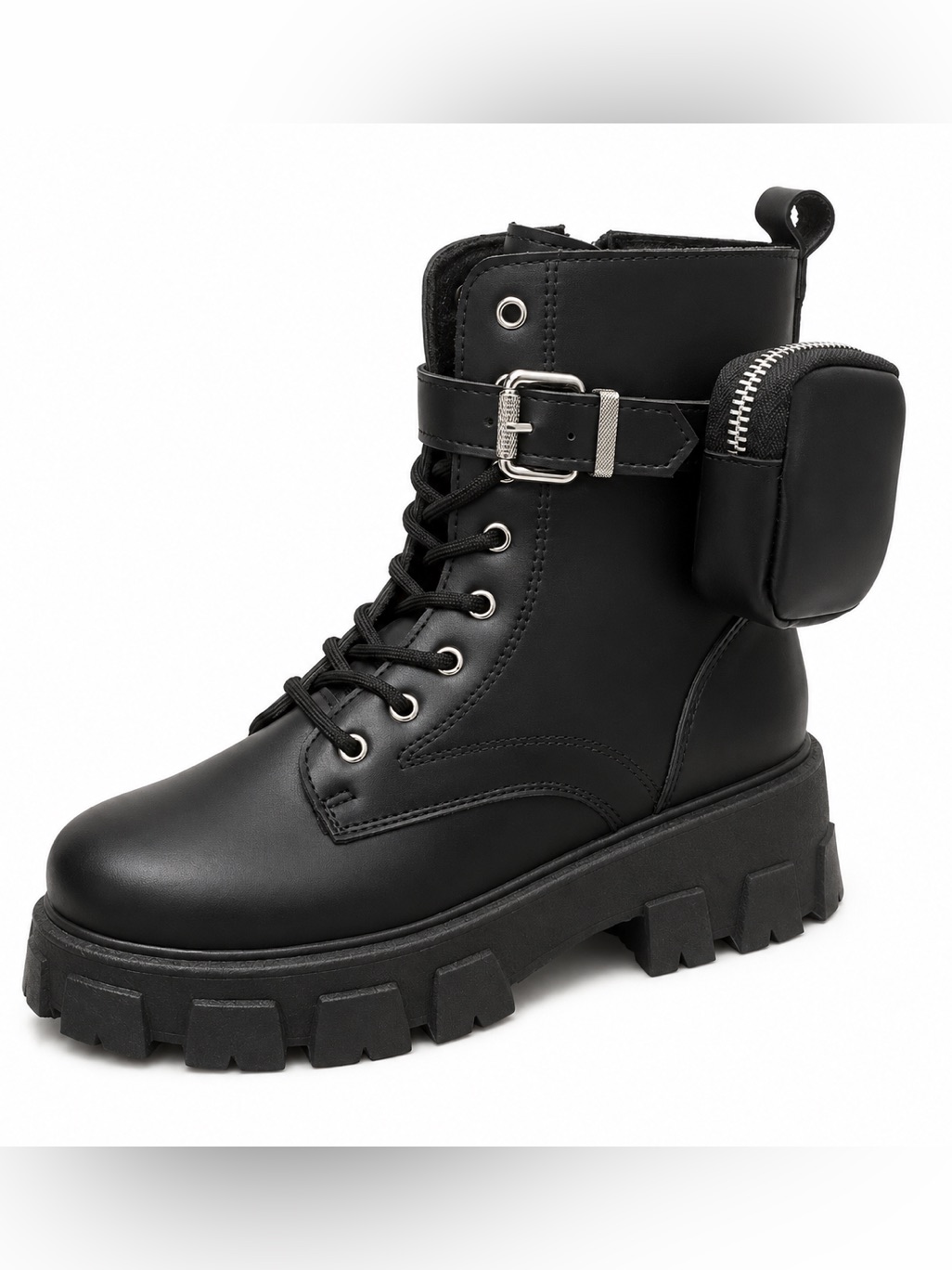 Black Combat Platform Boot With Side Pouch - Women's
